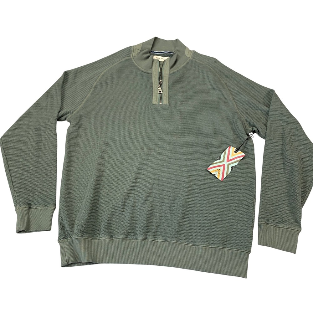True Grit Mens Waffle Knit‎ Quarter Zip Pullover Olive Green Cotton Modal Large